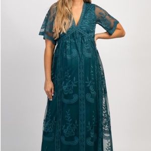 Turquoise Lace Mesh Overlay Maternity Maxi Dress